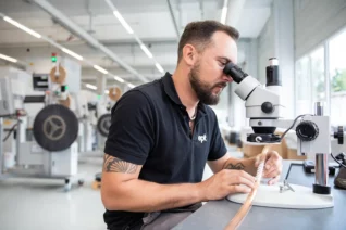 Mann überprüft Bauteil mit Mikroskop