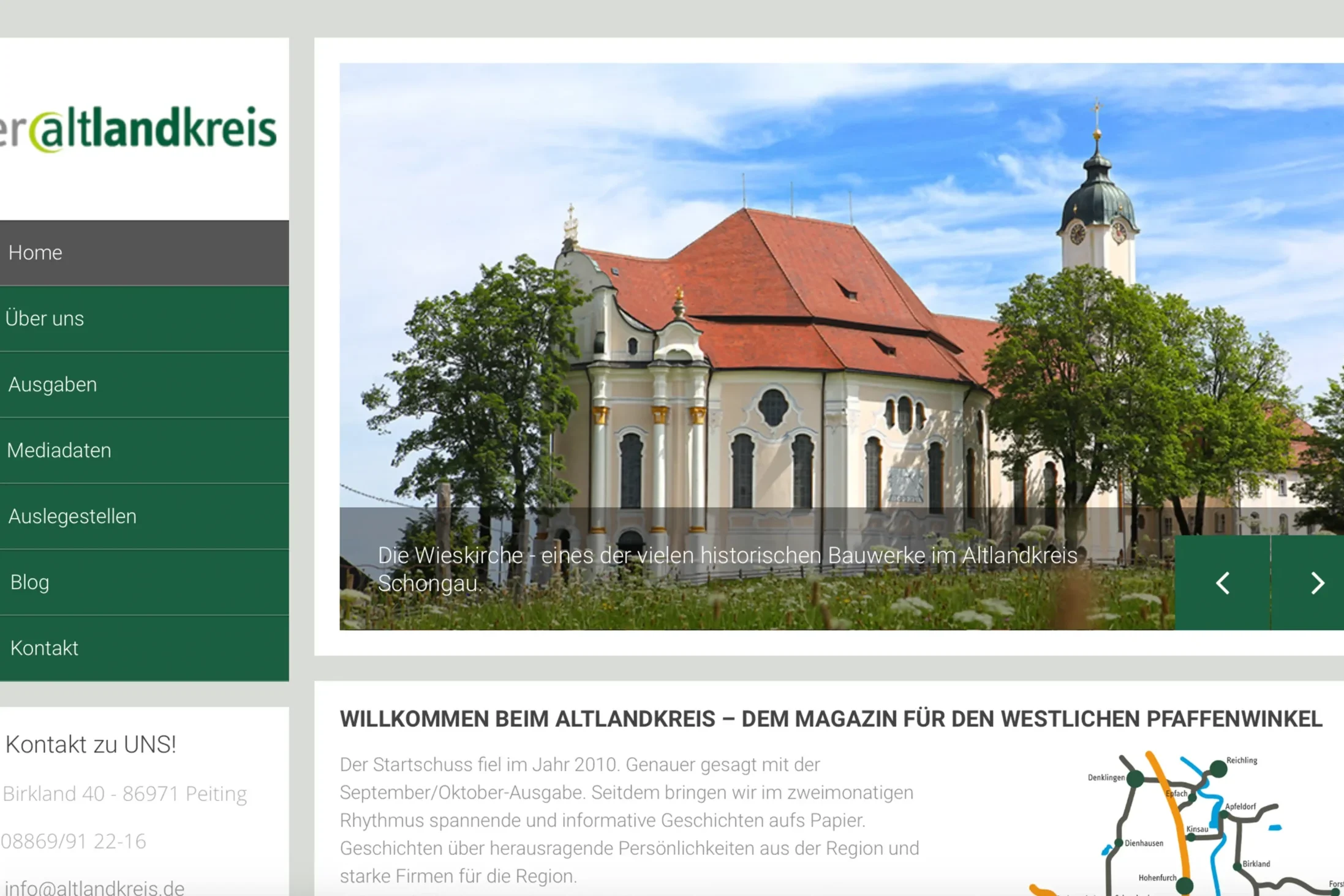 Alte Website der altlandkreis.biz mit Menüführung auf der linken Seite und kleinen Sliderbildern im Homebereich.