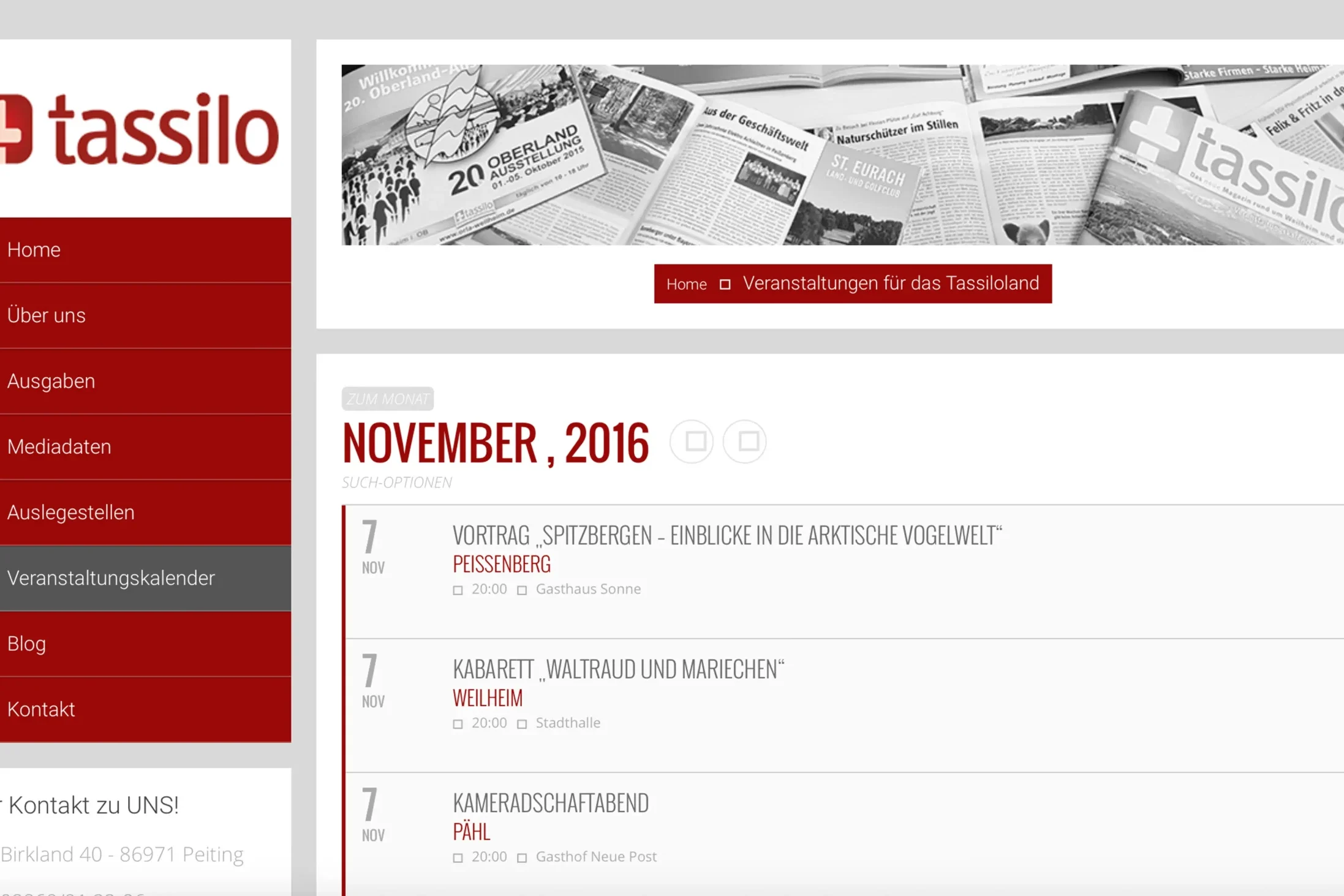 Alte Seite des tassilo.biz mit alten Veranstaltungskalender